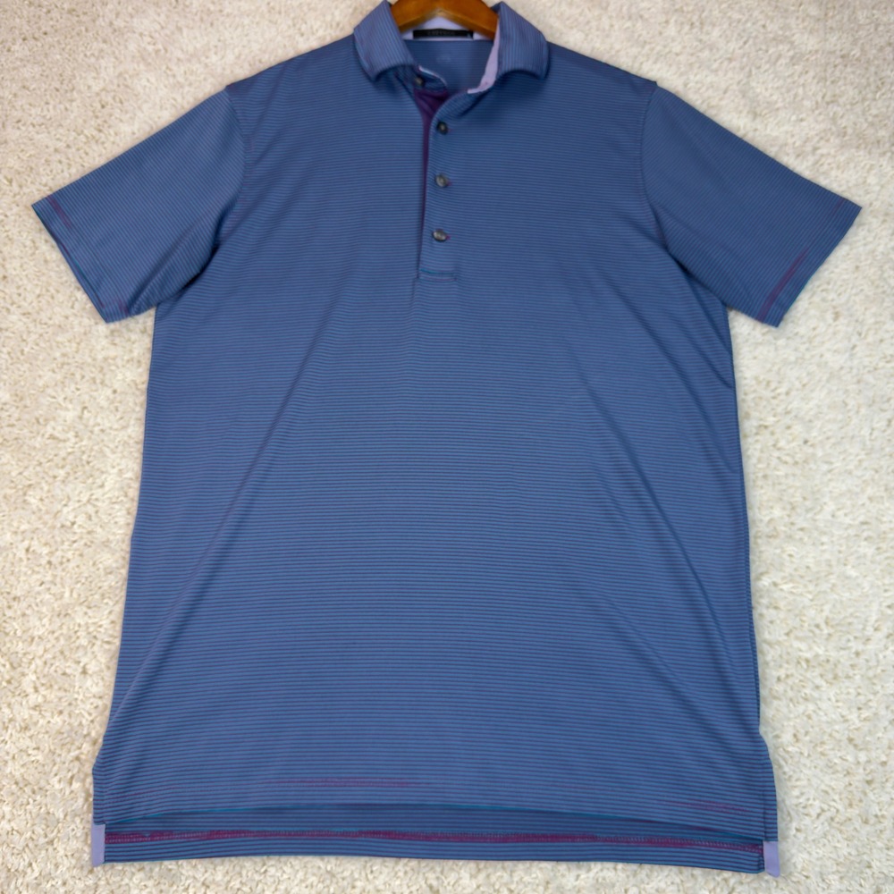 Greyson Polo Shirt Mens Small Blue Purple Striped Golf Performance Wolf Logo